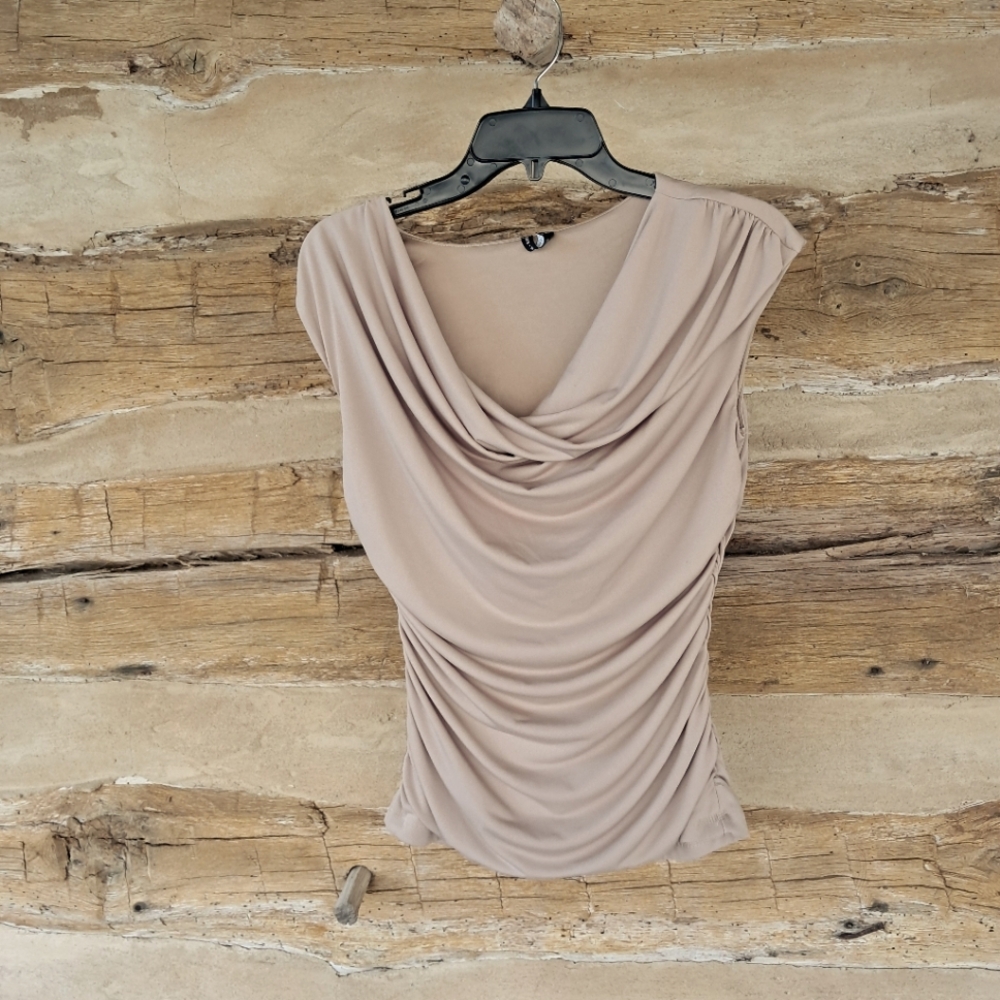 3/$12 Love Haight Tan Draped & Ruched Top Size Small